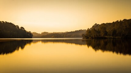 symmetry,still,radiance,lake,evening,reflection,water,horizon,nature,calm,beauty,tranquil,serene,sunset,golden,landscape,peaceful,forest,dreamy