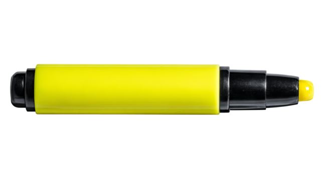 Bright yellow highlighter pen isolated on transparent background — realistic high-resolution PNG cutout with black cap for stationery design, school supply mockups and office branding
