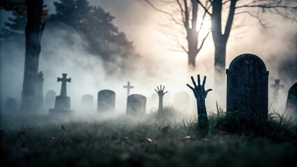 Zombie hand reaching out from the ground on dark scene background. Spooky graveyard with fog and eerie atmosphere.