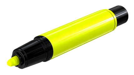 Bright yellow highlighter pen isolated on transparent background — realistic high-resolution PNG cutout with black cap for stationery design, school supply mockups and office branding
