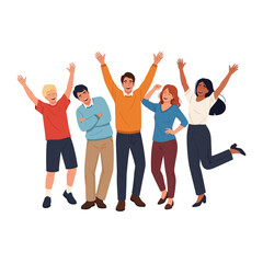 Fototapeta premium Celebrating Together: A group of diverse, jubilant individuals embraces a moment of pure joy, showcasing unity and happiness through vibrant illustrations. 