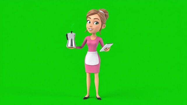 Cheerful 3D Waitress Character Presents Coffee and Notepad on Green Screen Background