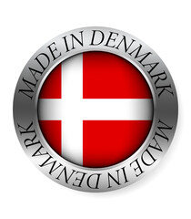 Obraz premium Made in Denmark button icon. Circular emblem with metallic border, glossy central flag, and bilingual label indicating product origin and international manufacturing identity.