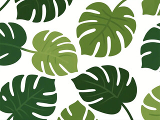 Fototapeta premium Seamless vector pattern of tropical monstera leaves in different shades of green, flat style, modern minimalist design, white background, perfect for fabric or wallpaper