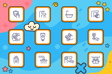 Hygiene set icon. Icons of hand washing, sanitizer, soap, showers, taps, drying, foam, and shields arranged in clean outlined tiles on blue-pink layout