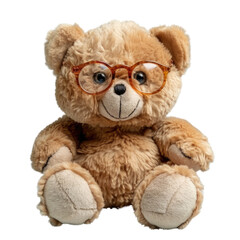 Adorable teddy bear wearing round glasses, sitting against a transparent background. background removed