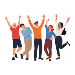 Fototapeta premium Joyful Team in Celebration: A vibrant illustration captures a diverse team ecstatically celebrating, arms raised in a symphony of happiness, their faces beaming with the glow of accomplishment.