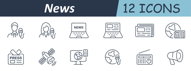 News set icon. Male and female reporters, microphones, press badge, laptop news screen, printed paper, satellite signal, radio speaker, megaphone alert, global report access