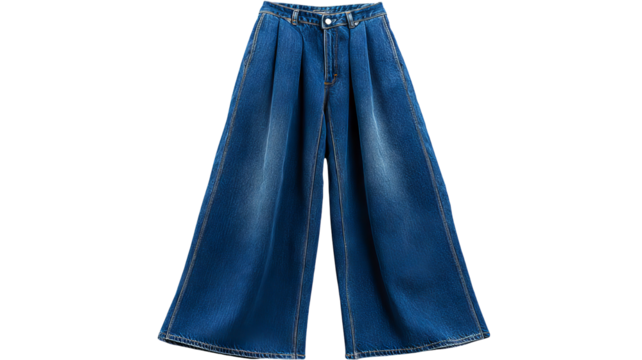 Isolated wide-leg denim pants on transparent background — high-resolution PNG cutout for apparel mockups, fashion design, e-commerce listings, clothing catalogs, and branding