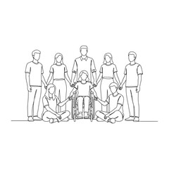 Support System: A group of individuals, united and depicted in a minimalist line art style, gather around a person in a wheelchair.