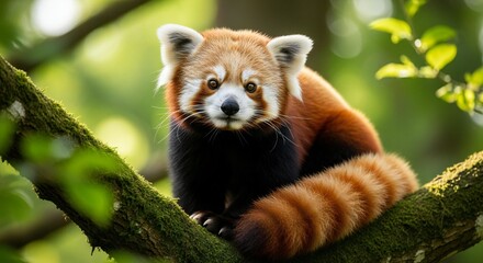 Adorable Red Panda Sitting on Tree Branch in Lush Green Forest