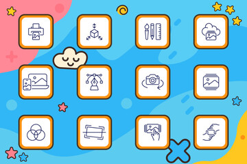 Design set icon. Tools for printing, scaling, vector editing, color mixing, cloud storage, photo adjustment, and drawing arranged in outlined icon squares