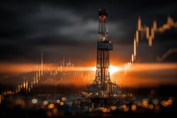 Oil drilling rig under sunset with financial graph overlay concept