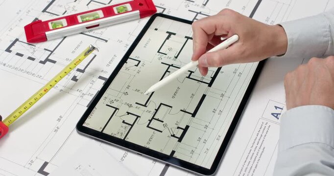 Man zooms in kitchen layout to study appliance placement and cabinet spacing on tablet. Experienced architect in white shirt reviews floor plan with intense focus