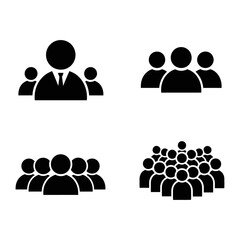 People Icons: A minimalist black and white collection of people icons, showcasing various group sizes and figures, perfect for illustrating community, social networks, and team dynamics.