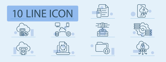 Cloud computing set icon. Line icons depict cloud storage, network, file transfer, financial transactions, security, synchronization, and device connection over digital platforms.