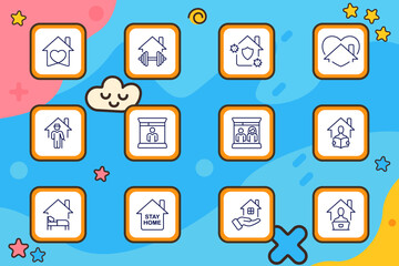 Stay home icon set. Series of house-themed illustrations showing people, hearts, gyms, screens, beds, shields, and hands in outlined icons over a vibrant blue background.