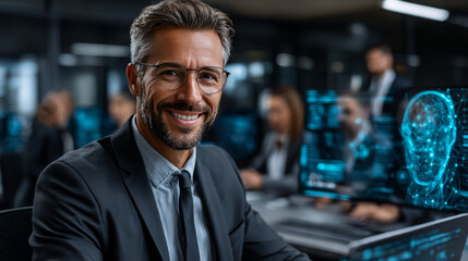 Fototapeta premium Businessman holds human resources network connecting icon representing recruitment, employee engagement, and organizational management, providing innovative HR solutions.