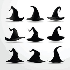 Vector silhouette set of Halloween Witch Hat isolated in White background, silhouette Set, Halloween theme, Vector illustration 