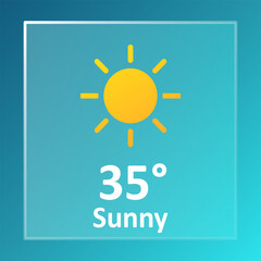 Sunny weather icon. Yellow sun with eight rays on blue background above temperature 35 and bold sunny label in white text at bottom.