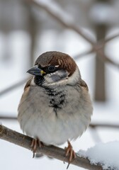Fototapeta premium Charming House Sparrow Perched on a Snowy Branch in Wintertime