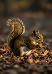 Obraz premium Alert American Red Squirrel Feeding in Autumn Forest Wildlife Scene