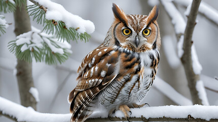 AI generated illustration of an Eastern Screech Owl perched on snow-covered tree