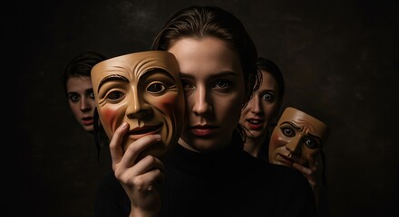Woman Hiding Behind Masks Expressing Emotions