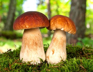 Two mushrooms in forest moss