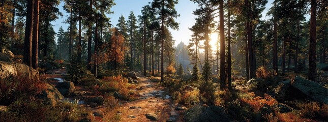 Sunlight filters through a tranquil mountain forest