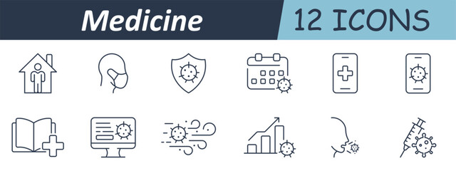 Medicine set icon. Virus shield, home patient, protective mask, calendar icon, phone health app, respiratory airflow, open book, syringe injection, statistical rise, nasal contact