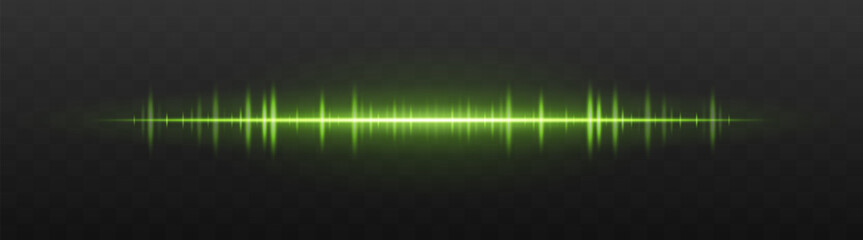 Audio bar. Glowing frequency wave with high intensity peaks and reflection. Suited for UI, music interface, sound visualization, digital signal.