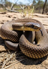 Obraz premium Coiled Eastern Brown Snake on Rocky Ground in Natural Habitat