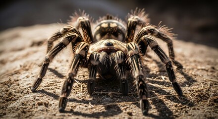 Detailed close-up of a hairy wolf spider on sandy ground arachnid