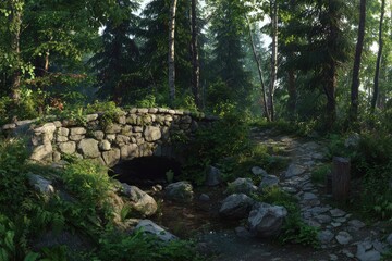 Stone bridge over a stream in a lush forest