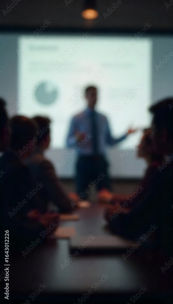 Poster generative ai: a blurry image of a business presentation with a presenter and audience in a