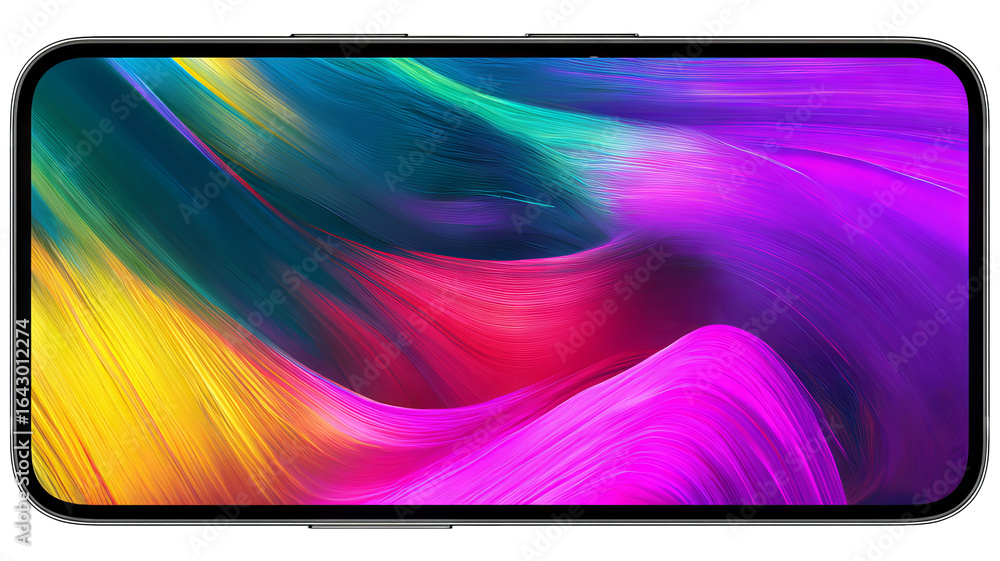 Poster modern smartphone mockup with vibrant edge-to-edge display and colorful abstract wallpaper, isolated