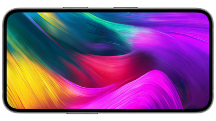 Modern smartphone mockup with vibrant edge-to-edge display and colorful abstract wallpaper, isolated on transparent background, high-resolution PNG cutout for app UI previews, product presentations