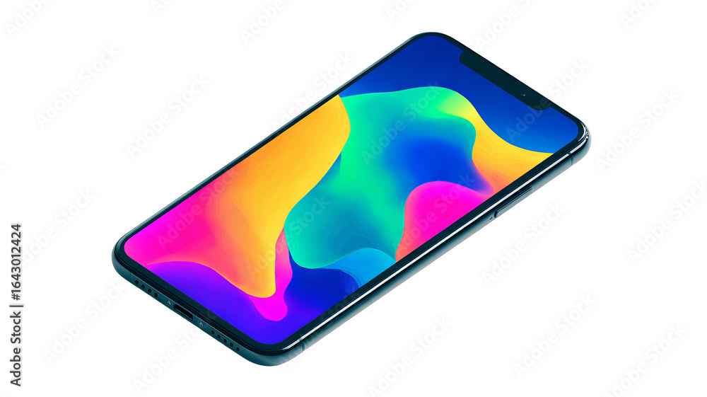 Poster modern smartphone mockup with vibrant edge-to-edge display and colorful abstract wallpaper, isolated