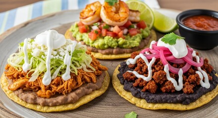 Tostadas Trio: Mexican Cuisine Delights with Vibrant Toppings