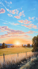 Obraz premium Vibrant sunset over a golden field with lush greenery and mountains in the background under a colorful sky