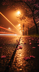 Fallen cherry blossom petals on a wet, foggy street at night, with glowing light trails from passing cars.