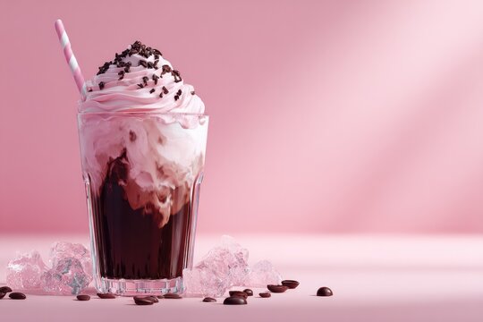 Pink and chocolate iced drink on a pink background