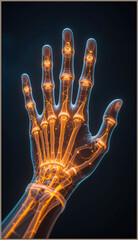 Naklejka premium Close up of a glowing human hand skeleton with visible bones and joints