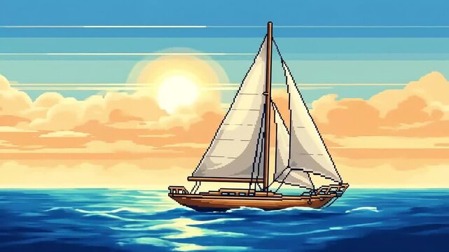 Sailboat sunset ocean pixel art nautical design