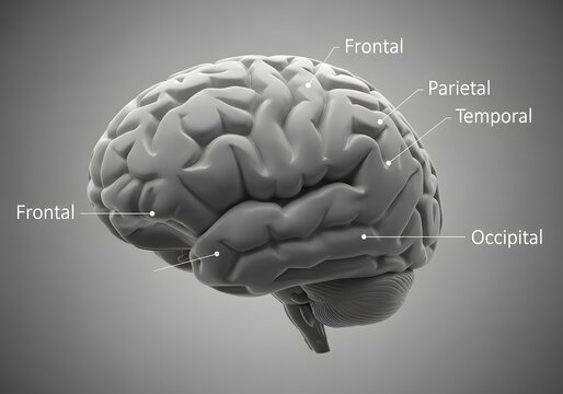 A detailed anatomical illustration of the human brain in grayscale, with the four major lobes clearly labeled.