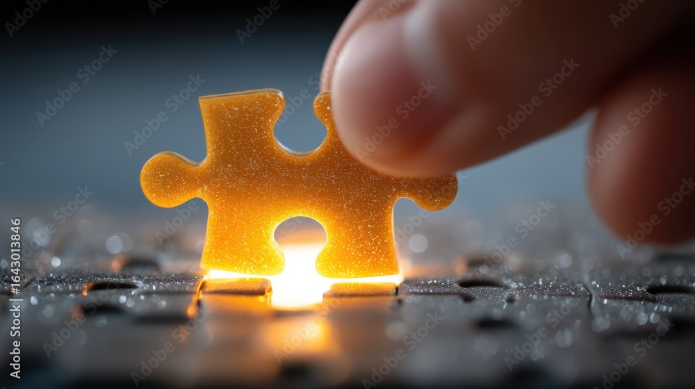 Poster a hand places a shimmering puzzle piece into a keyboard, symbolizing connection and problem-solving 