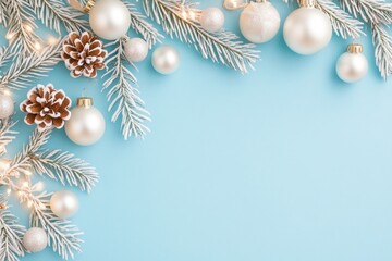 Christmas ornaments on snow with pine branches and bokeh lights in the background, pastel colors