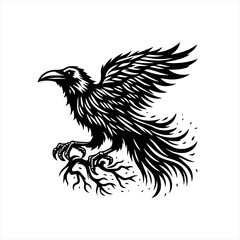 Obraz premium Stylized black raven perched on branches with wings outstretched