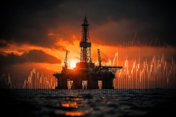 Oil Rig Silhouette Against Dramatic Sunset with Stock Market Overlay